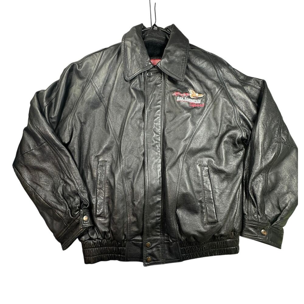 USA Leather Bomber Jacket Genuine Black Embroidered Gorpcore